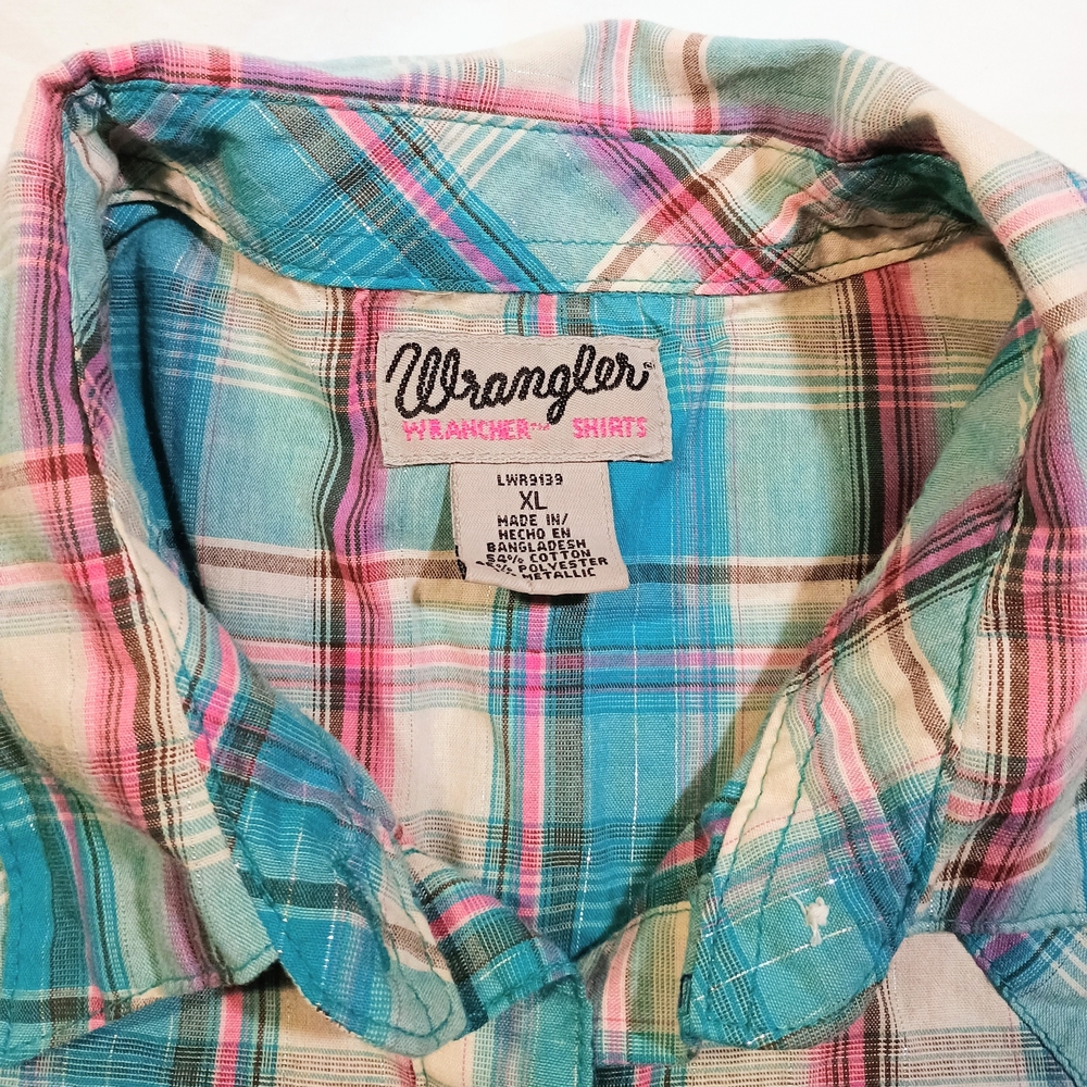 Vintage Wrangler Multicolor Pearl Snap Button Down Short Sleeve Plaid Shirt